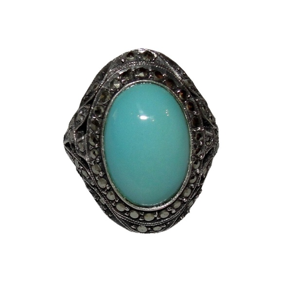Art Deco Sterling Marcasite and Turquoise Ring